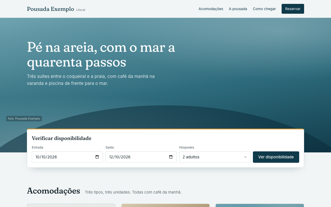 Página inicial do site da Pousada Exemplo, com a busca por datas e as acomodações